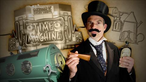 Dr. Chris is dressed in a Victorian top hat and suit, holding a bottle. He is against a brown, old paper texture with the Operation Ouch! Time Machine logo