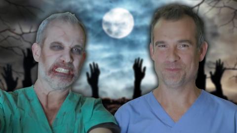 Xand is a zombie in a graveyard next to Chris. The full moon is behind them