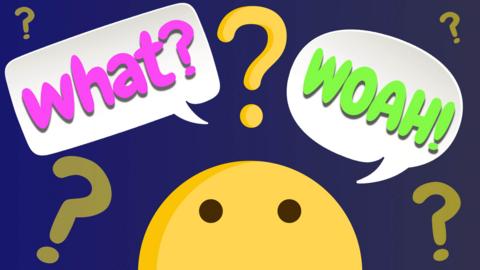 CBBC Book Club Emoji with questions marks saying what and woah!