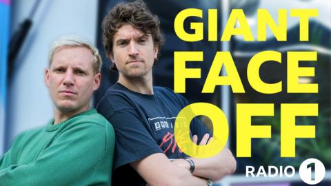 Greg James and Jamie Laing with crossed arms and their game faces' on!