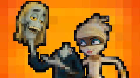 A zombie holding it's head and pointing to it, has a Mummy with her arm on him looking at his head. They are both pixellated apart from their faces