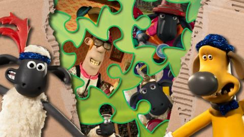 Shaun the Blitzer are standing in front of a jigsaw puzzla