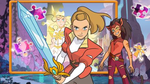 Image of Adora and Catra posing in front of the city of Brightmoon in this new She-Ra jigsaw game.