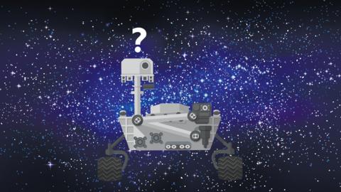 A space robot in space with a question mark above its head.