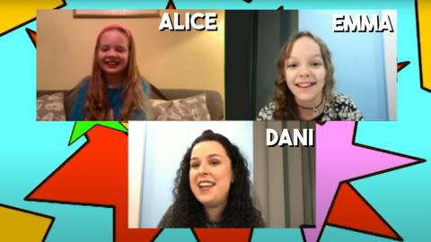 Tracy Beaker Superfan Winner Alice on a Zoom call with Dani Harmer and Emma Davies.