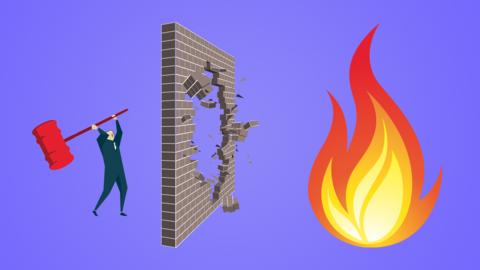 A cartoon man smashing a wall with a hammer, and a large flame.