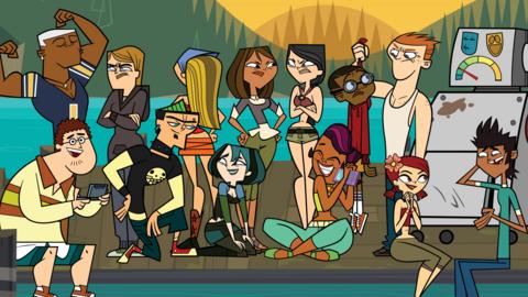 Lots of total drama characters posing on a pier