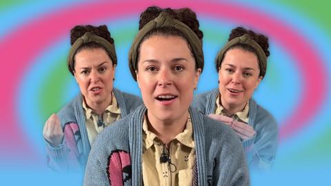 Three pictures Dani Harmer being excited, passionate and mischievous