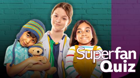 Hugo, Fraser and Bonnie from The Dumping Ground are standing against a brick wall. Next to them is the "superfan quiz" logo