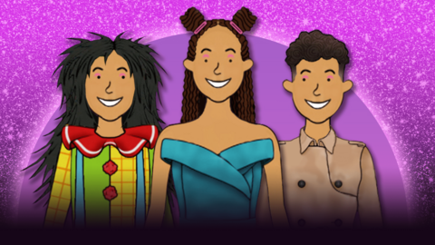 Three different Candi-Rose models standing in front of a bright pink glitter background. The model to the left has shaggy hair and is wearing a clown outfit. The model in the middle has bantu knots with long braids down to the shoulders wearing a blue velvet ballgown. The model to the right has a short skin-fade and is wearing a detective outfit.