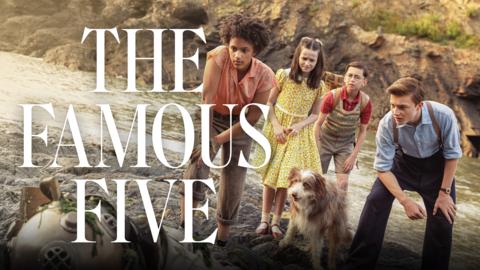 The Famous Five logo, beside it, a group of four children and a dog looking puzzled at the logo.