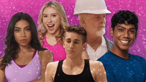 Lots of characters from The Next Step in a blizzard of pink glitter