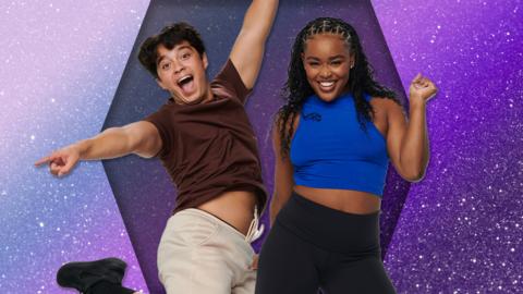 Two dancers are smiling and posing in front of a purple glitter background