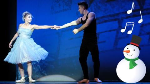 Noah and Richelle from The Next Step are dancing ballet while a cartoon snowman stands to the side with musical notes.