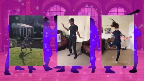 3 images of kids dancing on a purple background.