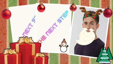 Noah from The Next Step wears a Santa beard and reindeer antlers on a Festive background featuring presents and trees.