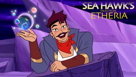 Sea Hawk recaps the events of She-Ra part 2 on Cý, the picture is him leaning on a rock holding the planet Etheria.