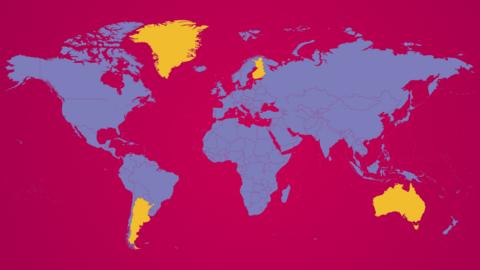 Dark pink and lilac map of the world with some countries highlighted.