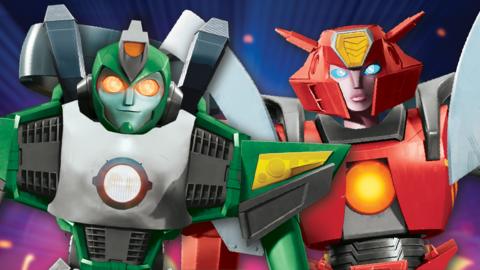 A green and red transformer made up of different parts of EarthSpark characters