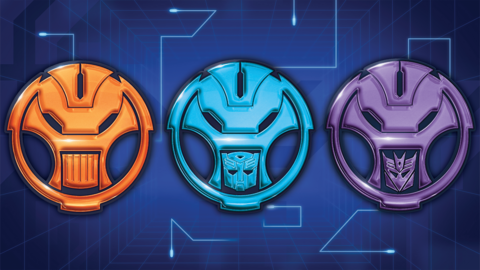 Three metal medallions. One orange, one blue and one purple.