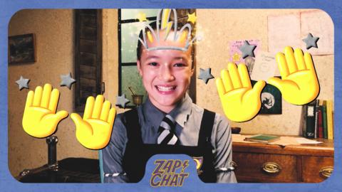 Girl looking happy with emoji hands and a crown placed on the image. Felicity Foxglove from The Worst Witch.