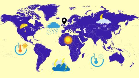 Image shows world map with weather icons such as rain and sun dotted across the map.