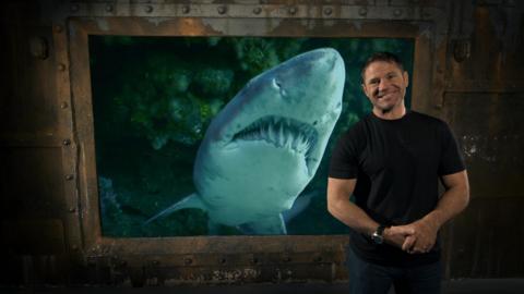 Steve Backshall standing next to a screen with a shark on it.