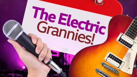 A guitar, a microphone and the words 'The Electric Grannies'.