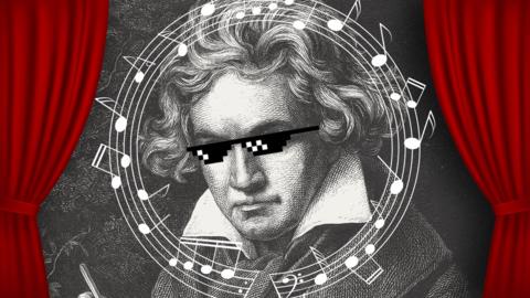 A line drawing of composer Beethoven, wearing pixelated sunglasses, surrounded by musical notes and red stage curtains.