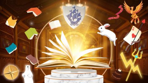 A golden, shining book in the centre of a marble plinth, a blue peter badge is above it and lots of cartoon images of characters from a book are spread around the scene.