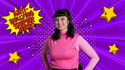 Abby from Blue Peter sits smiling in a pink top on a purple background. There are three cartoon star icons around her.