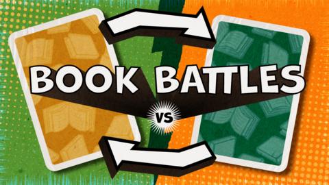 Yellow card and green card on an orange and green background with arrows and text saying book battles.