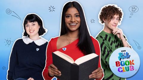 In the centre of the image, Blue Peter presenter Shini is holding a book and smiling. To her right is Joel and on her left is Abby. There is a small sticker in the corner that reads 'Blue Peter Book Club'.