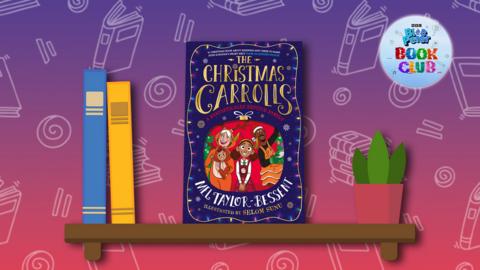 The book 'The Christmas Carrolls' sits on a illustrated shelf.