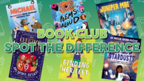 Blue Peter's Book Club book covers make up a colourful background, the text on top reads 'Book Club spot the difference'.