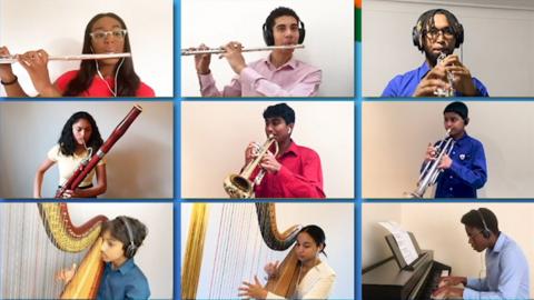 A grid of children play instruments