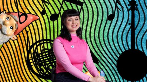 Abby in front of a rainbow background with silhouettes of musical instruments and notes