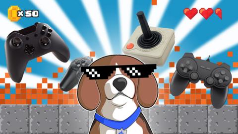 A cartoon image of Henry the dog wearing sunglasses. Behind him are different games console controllers.