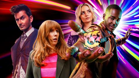 The Fifteenth Doctor and Ruby Sunday, plus the Fourteenth Doctor and Donna Noble are posed on a colourful sci-fi background.