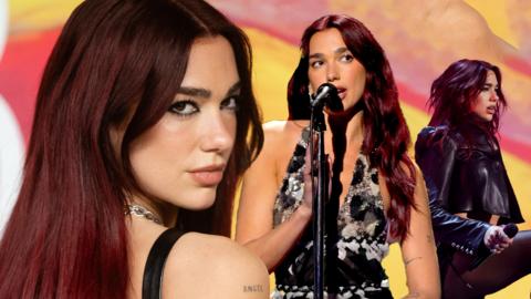 Multiple images of Dua Lipa, on the left is close up of her looking over her shoulder, the middle image she is singing into a microphone, and on the right she is standing with her knee up in a striking pose.