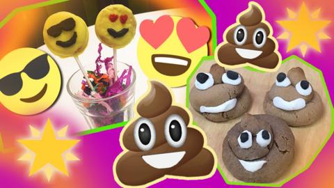 A collection of edible emojis and real emojis, including: a smiling poop, a smiley face with sunglasses on and a smiley face with love hearts for eyes.