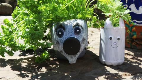 Plant pots in the shape of a hedgehog and a bunny