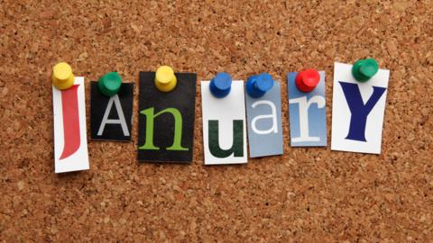 The word January pinned onto a cork board.