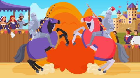 Two knights fighting a jousting battle.