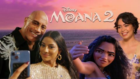 The cast of Moana including Dwayne Johnson and Auli\u02BBi Cravalho, Maui and Moana, plus Blue Peter's Shini.