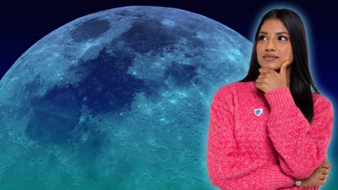 Blue Peter's Shini stands in a thinking pose with her hand to her chin. Behind her is an enlarged image of the Earth's moon.