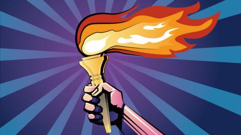 Cartoon Olympic torch, with a hand holding it up.