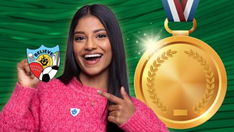 Shini holds a Blue Peter Sport Badge, a cartoon gold medal shines besides her.