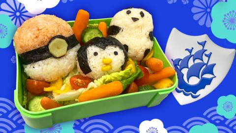 Bento box with Pok\u00E9 Ball, penguin and panda shaped rice