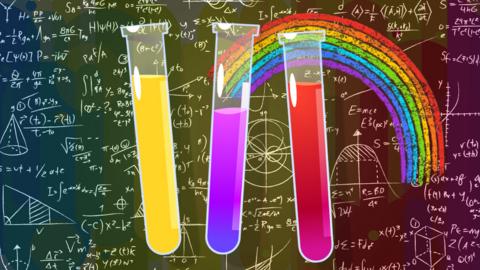 Test tubes of colour in front of a rainbow.
